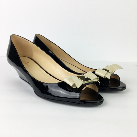 kate spade Shoes - Kate Spade Black Patent Leather Wedges Bows Shoes